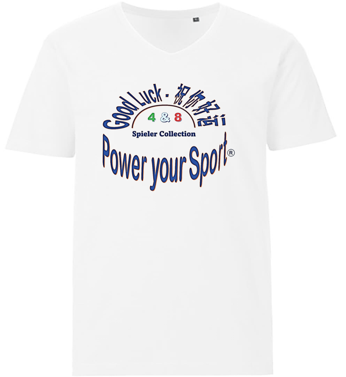  Männer T-Shirt mit V-Ausschnitt und Power your Sport Logo.